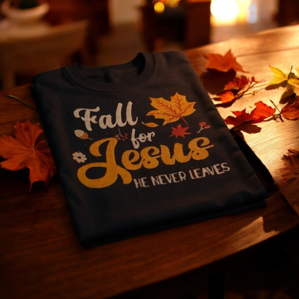 Black shirt with 'Fall for Jesus He Never Leaves' text and autumn leaf graphics on a wooden surface with fall leaves.
