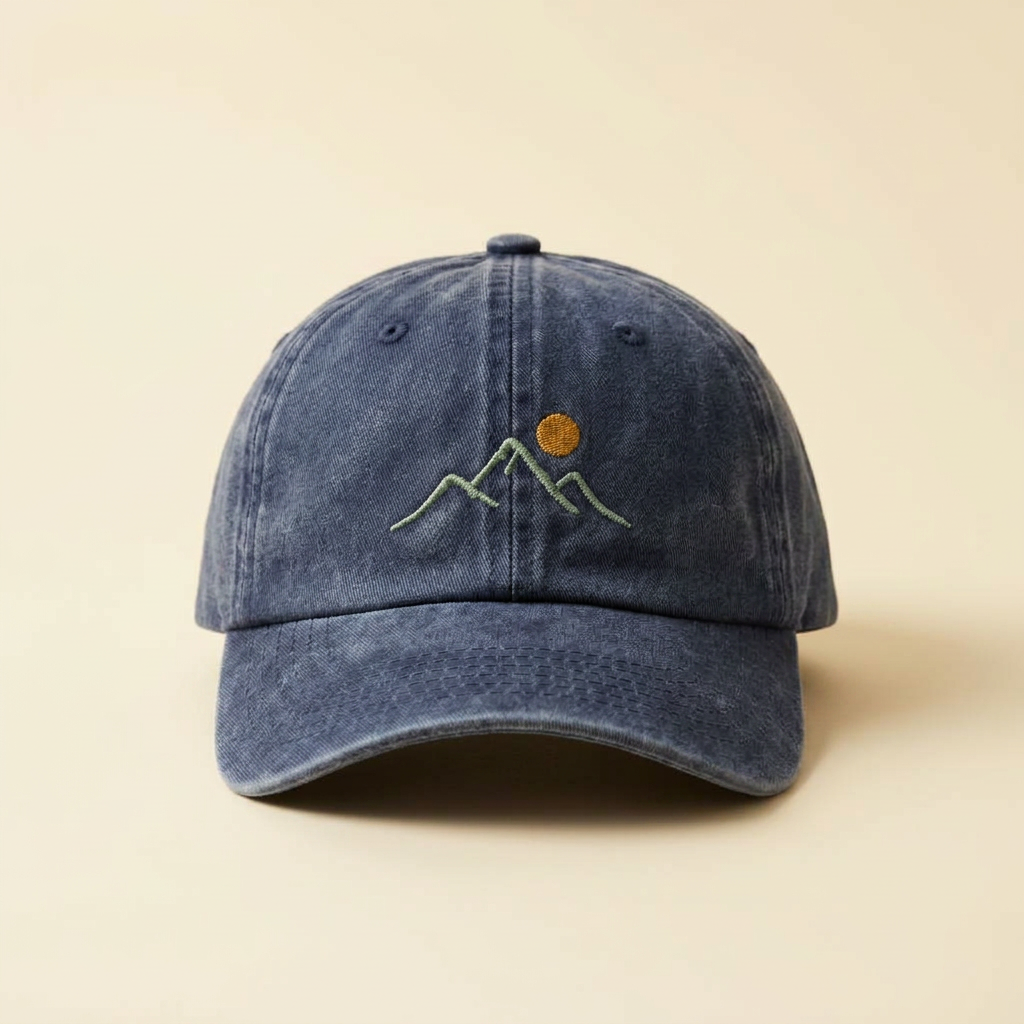 Blue denim cap with mountain and sun design on a beige background withembroidered design on a b