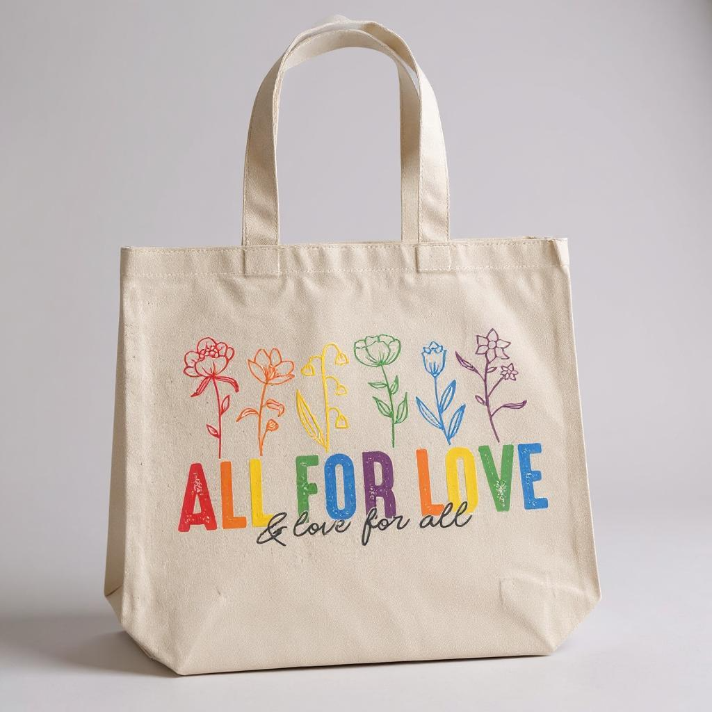 Beige tote bag with colorful floral designs and 'All for Love & Love for All' text on a gray background