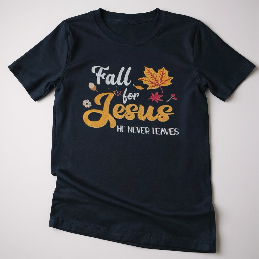 Black t-shirt with 'Fall for Jesus He Never Leaves' text and autumn leaves on a white background