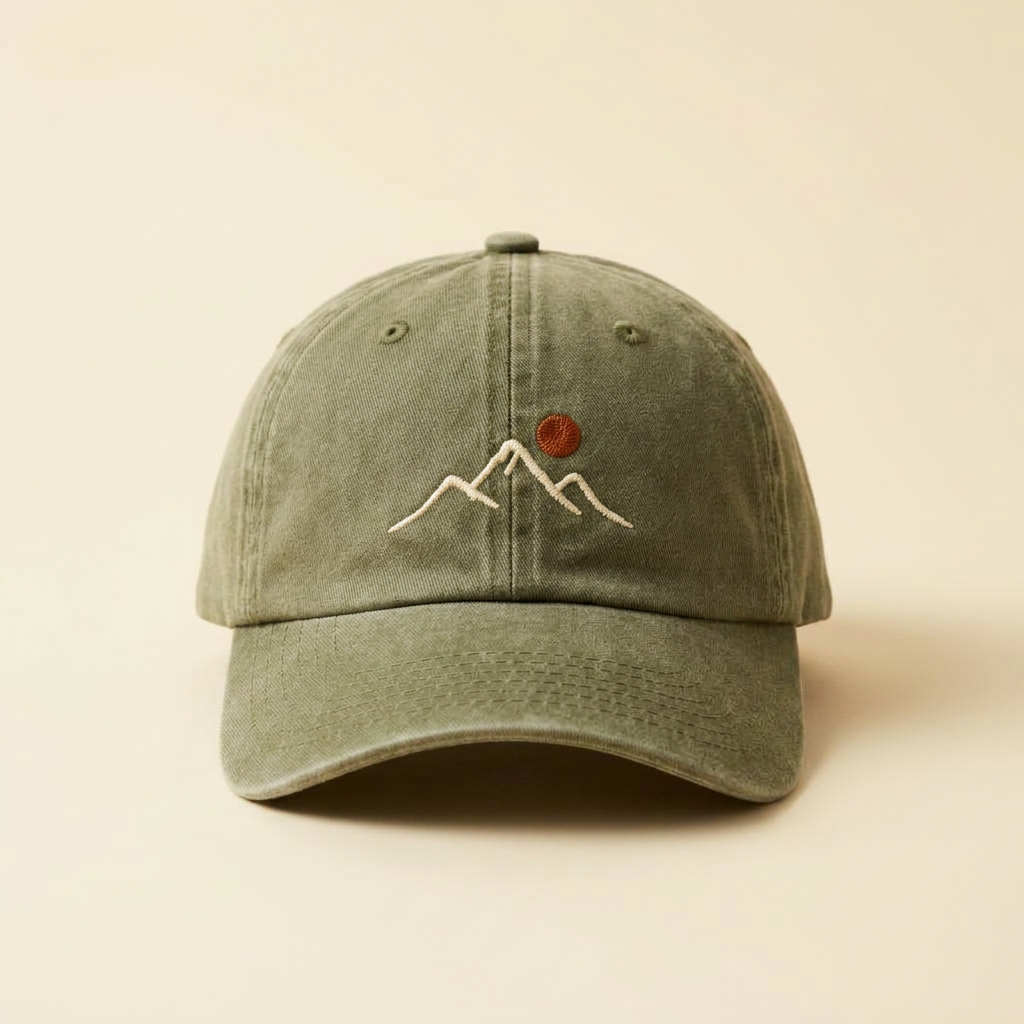 Green cap with mountain and sun design on a beige background