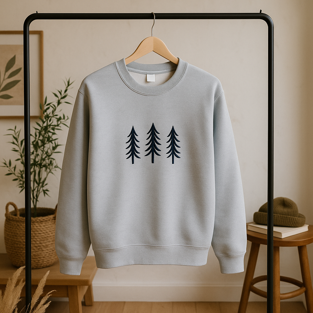 Gray sweatshirt with tree design on a hanger in a room with plants and furniture.