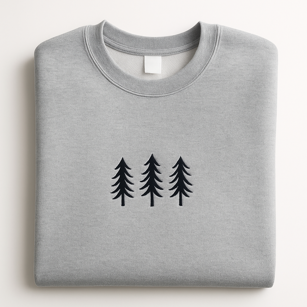 Folded gray sweatshirt with black tree design on a white background