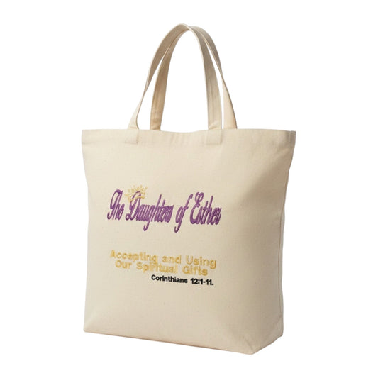 Beige tote bag with text on a white background