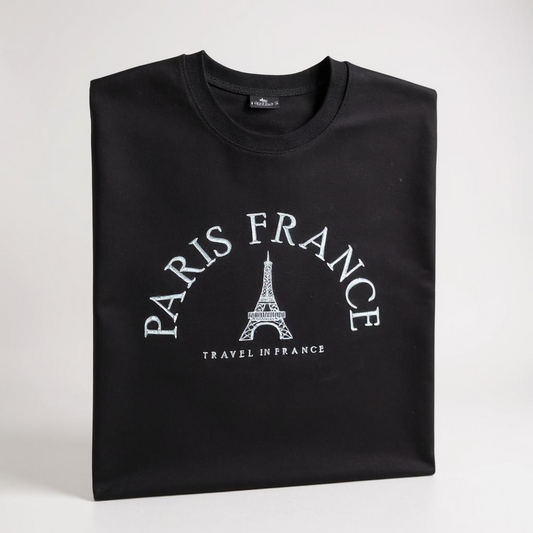 Black sweatshirt  with 'Paris France' and Eiffel Tower graphic on a white background