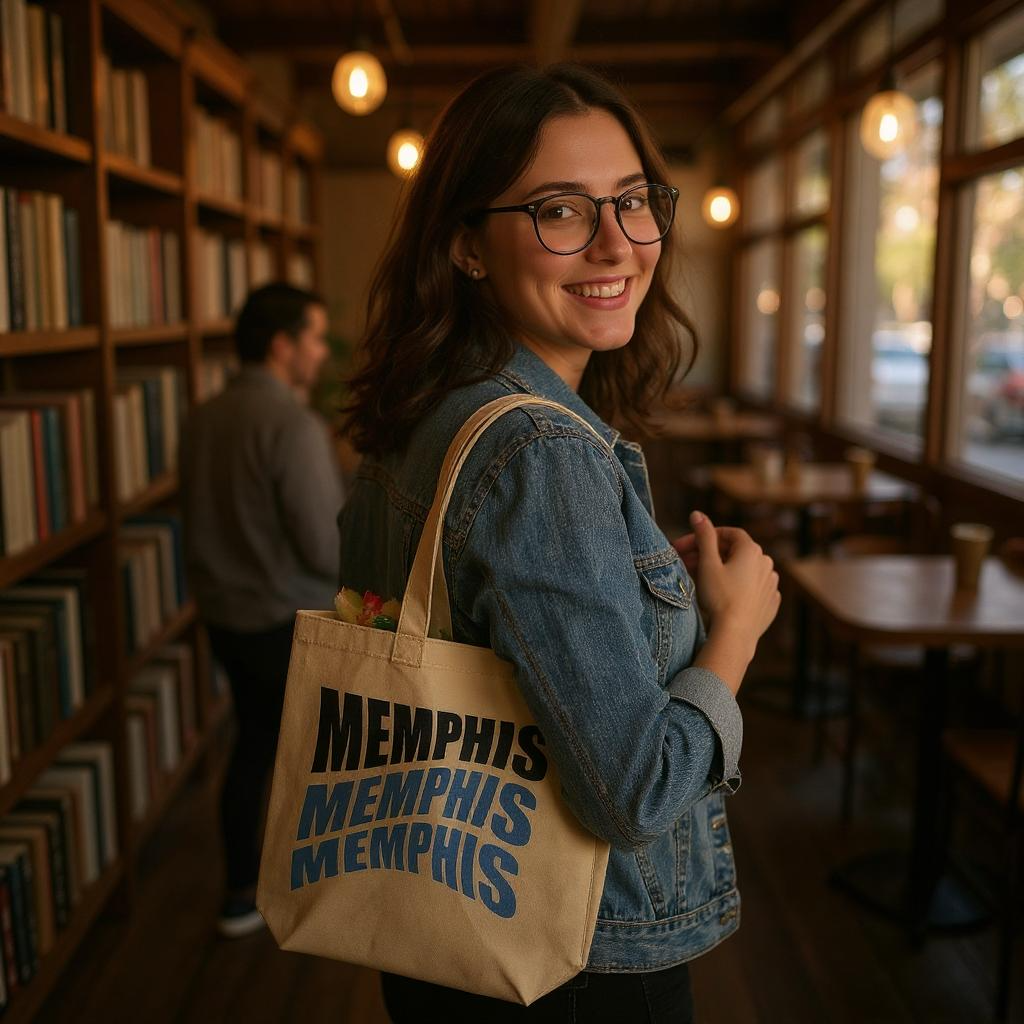 Woman holding a tote bag with 'Memphis' text in a library setting