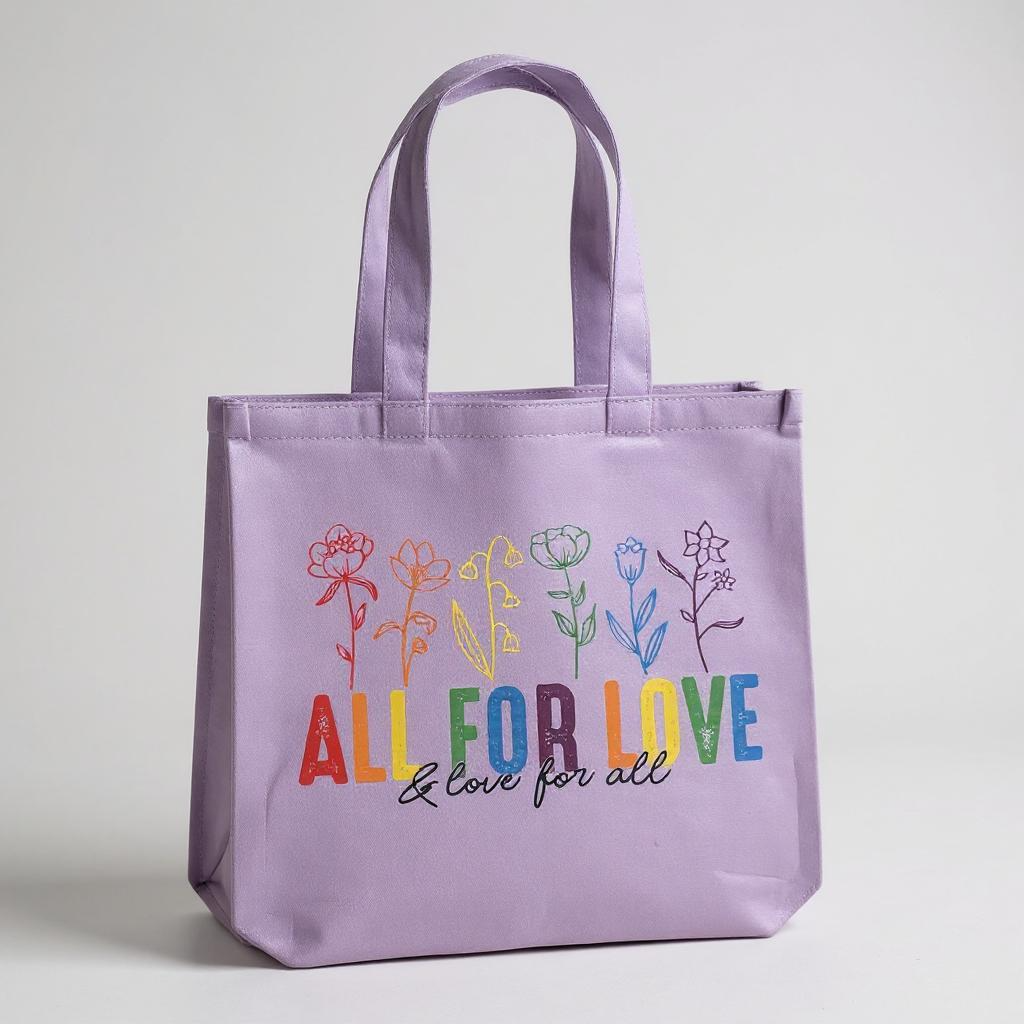 Lavender  tote bag with colorful floral designs and text on a light gray background