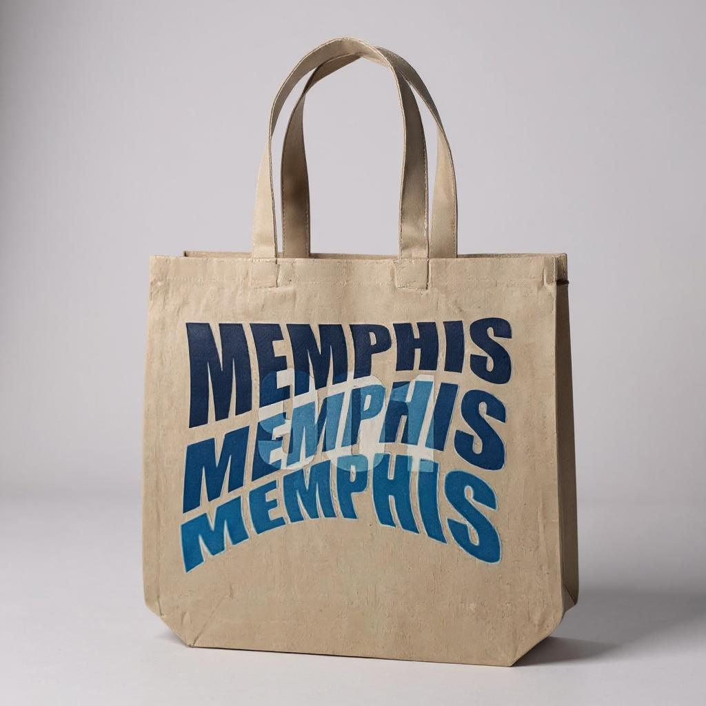 Beige tote bag with 'MEMPHIS' text in blue on a gray background